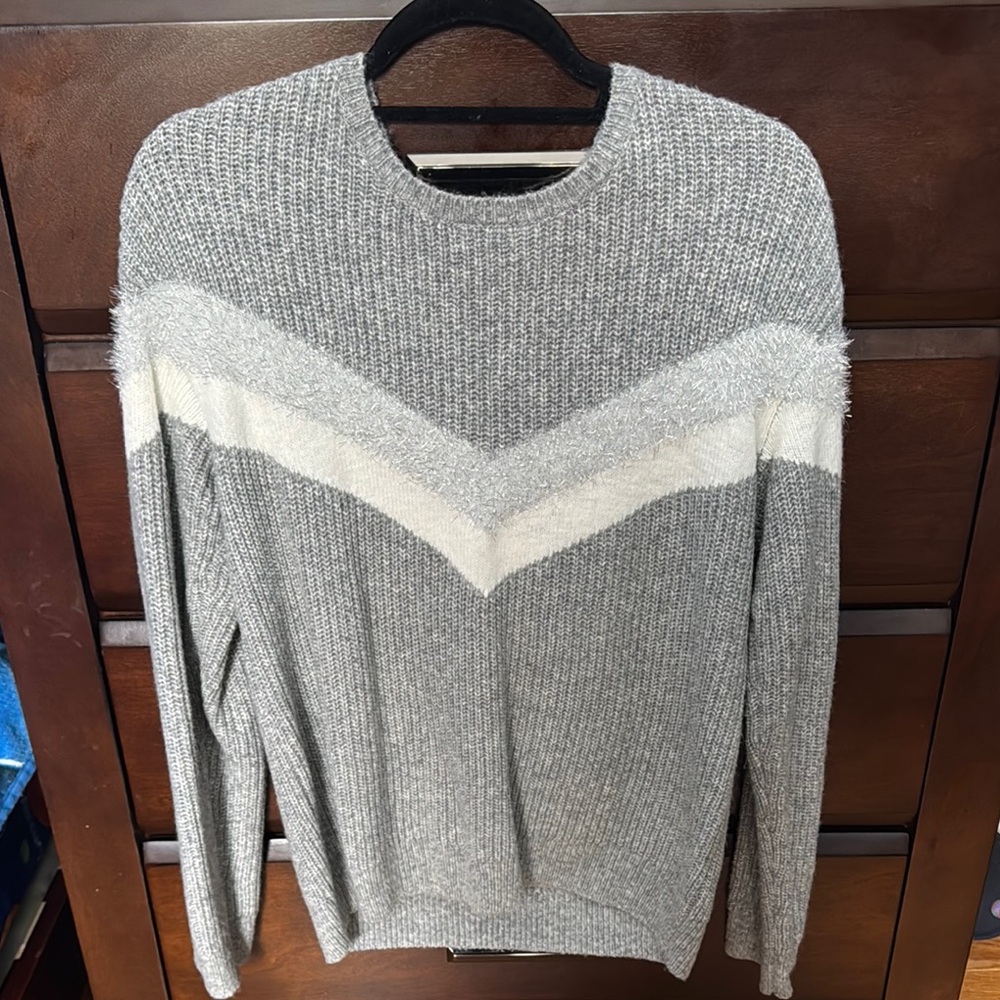 Nine West Gray Crewneck Sweater with Chevron Design